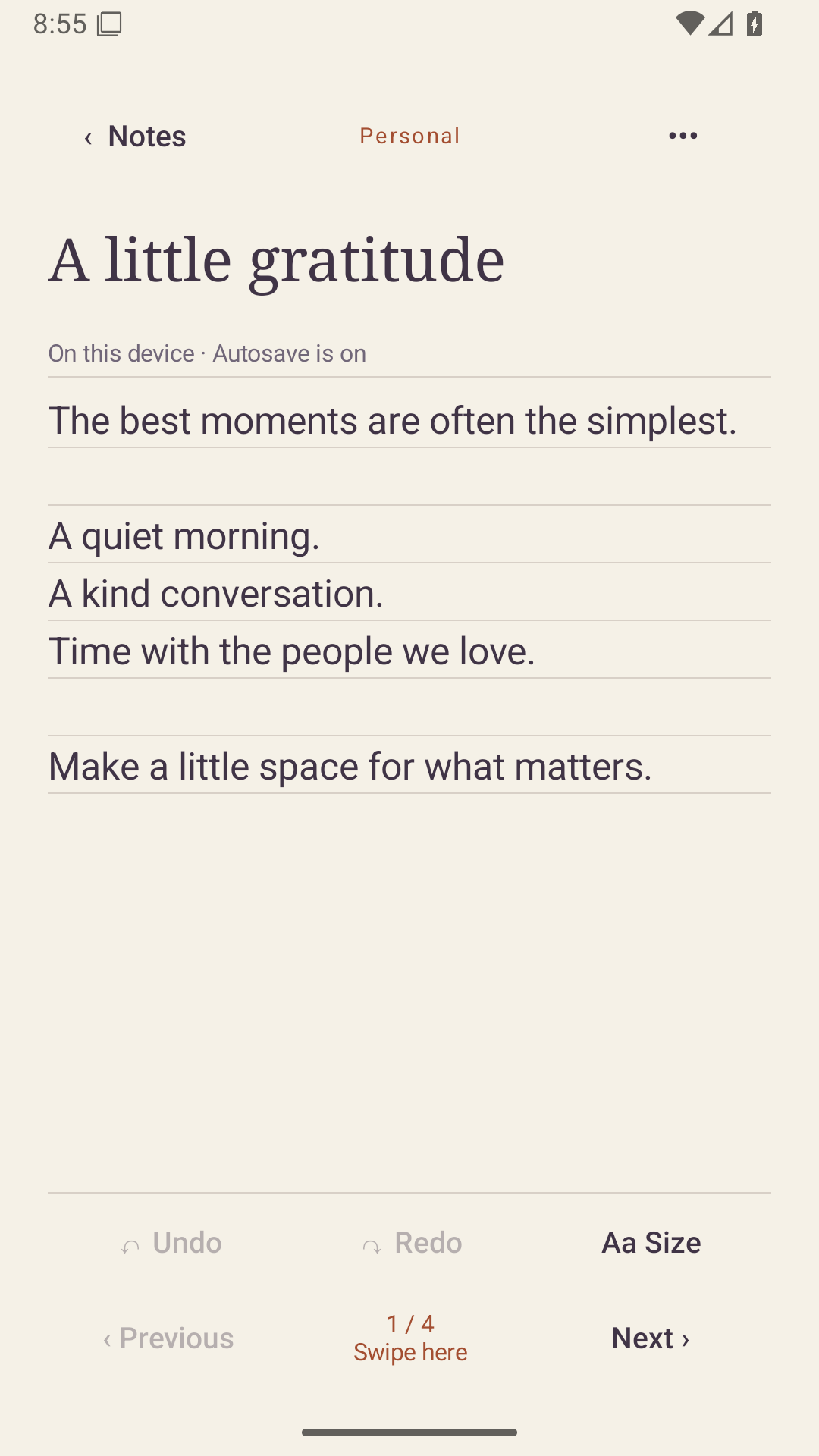 Actual Notizmo Android editor with undo, redo, text-size and Previous/Next controls